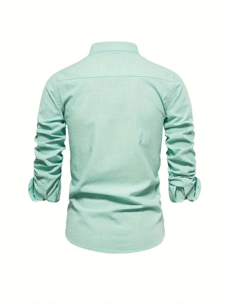 Men's Long-Sleeve Button-Up Shirt with Mandarin Collar and Logo