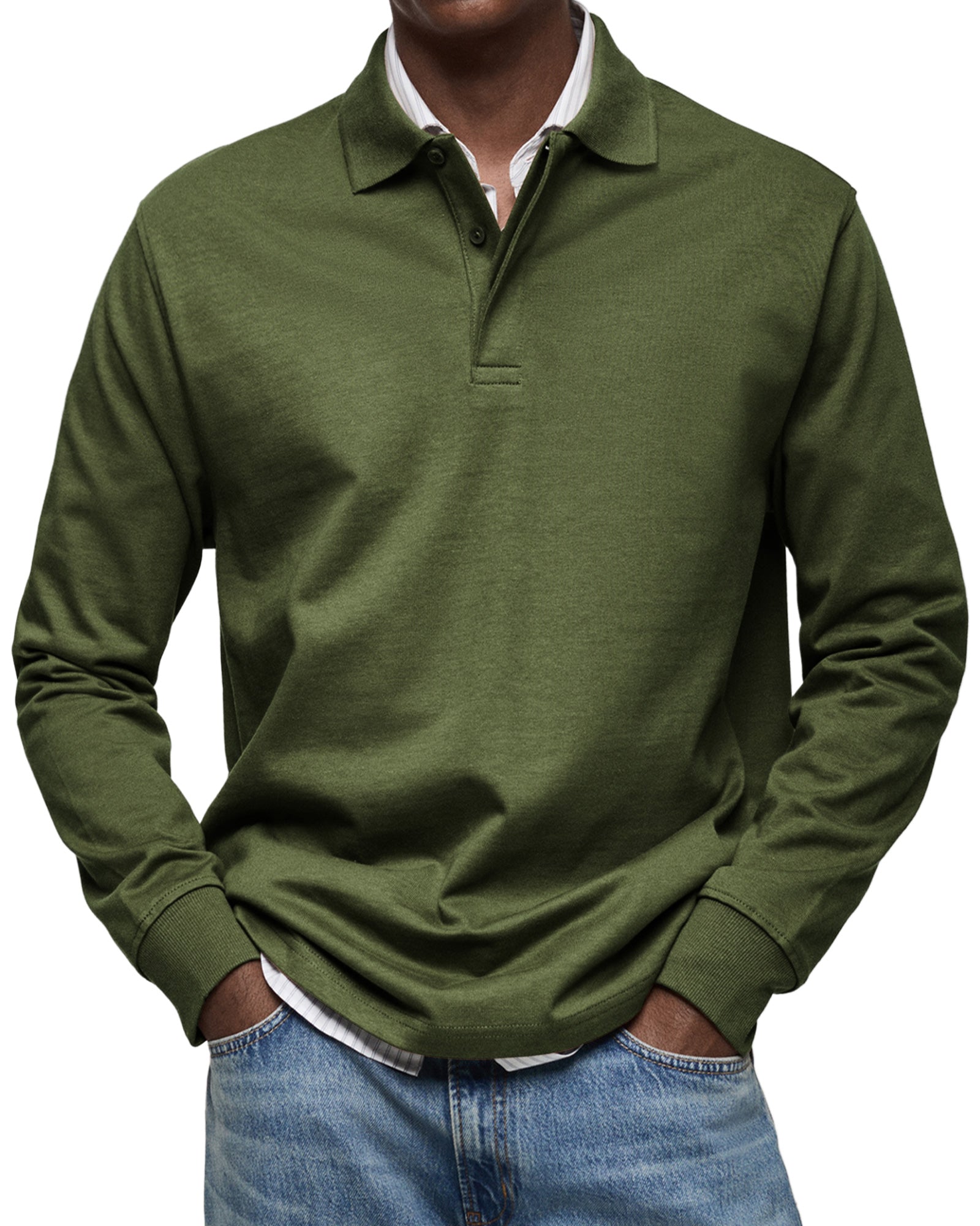 Men's Long Sleeve Polo Shirt with Button Collar and Cuffed Hem