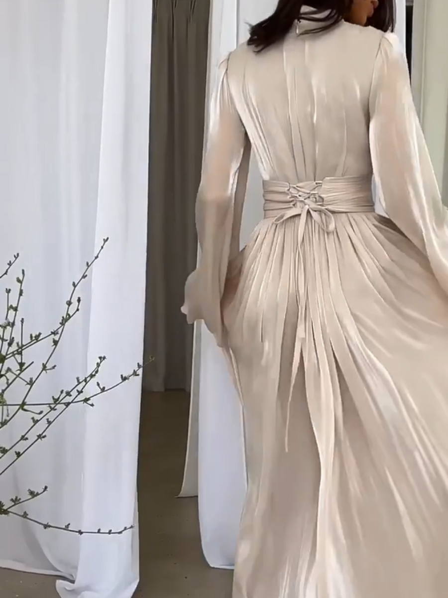 Women's Long Sleeve Maxi Dress with Waistband and High Neckline