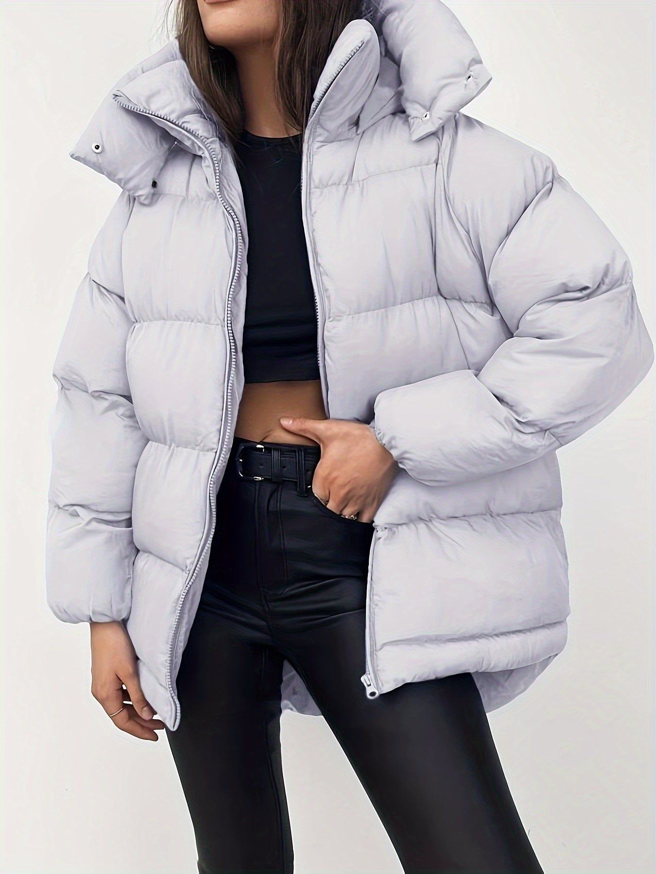 Women's Short Hooded Puffer Jacket with High Collar and Quilted Design