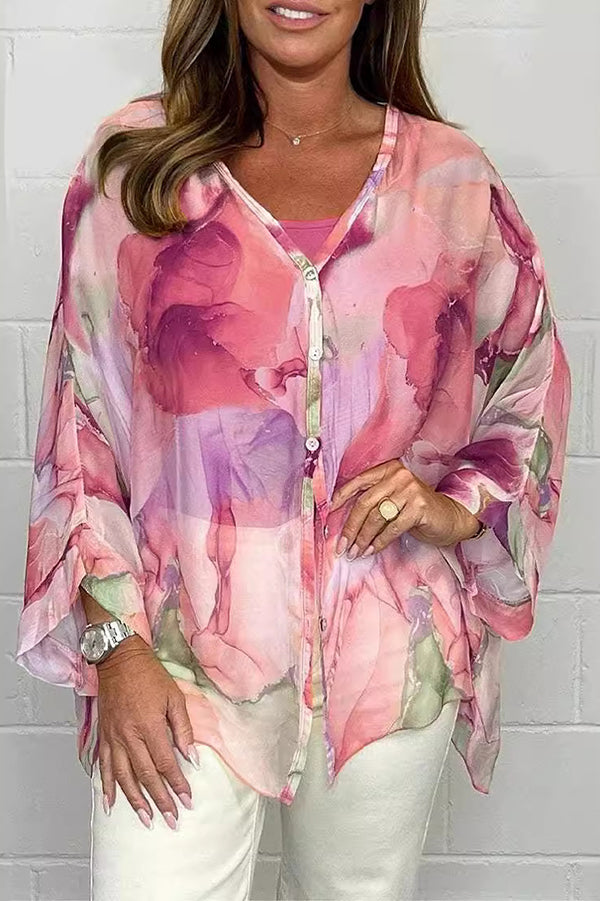 Women's Loose Button-Up Blouse with Watercolor Print
