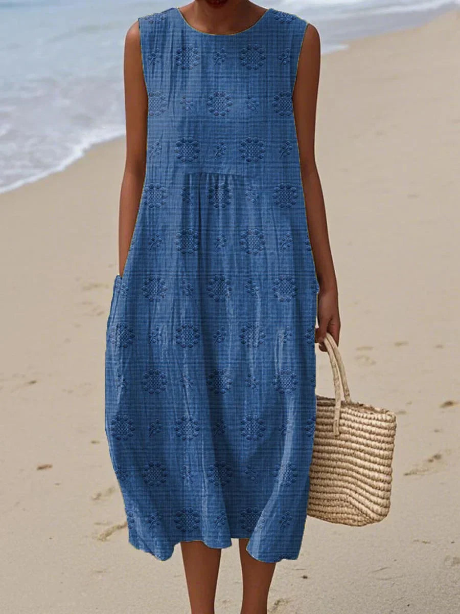 Women's Sleeveless Embroidered Midi Dress with Relaxed Fit