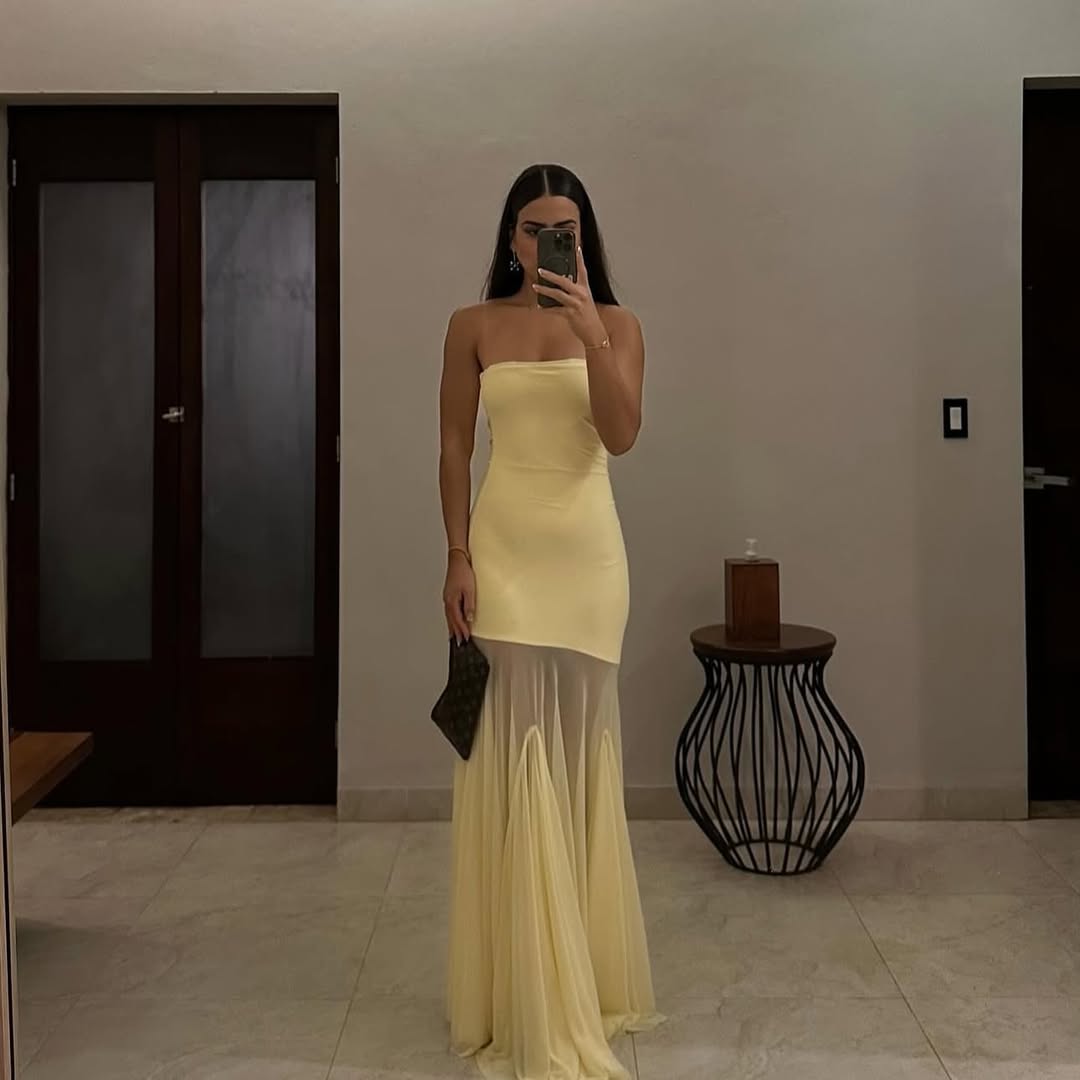 Women's Strapless Mesh Maxi Dress with Sheer Train and Fitted Bodice
