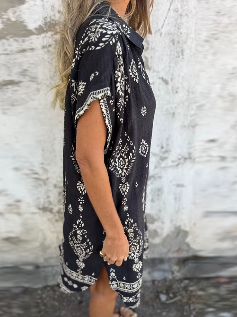 Women's Vintage Button-Down Floral Midi Dress with Collar and Side Pockets