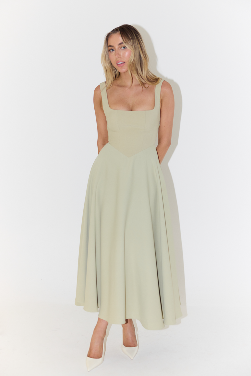 Women's Sleeveless Square Neck Midi Dress with A-Line Silhouette