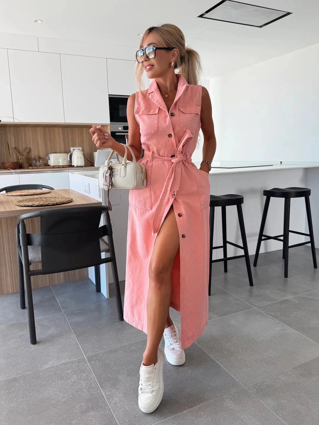 Women's Sleeveless Denim Maxi Dress with Button Front and Belted Waist