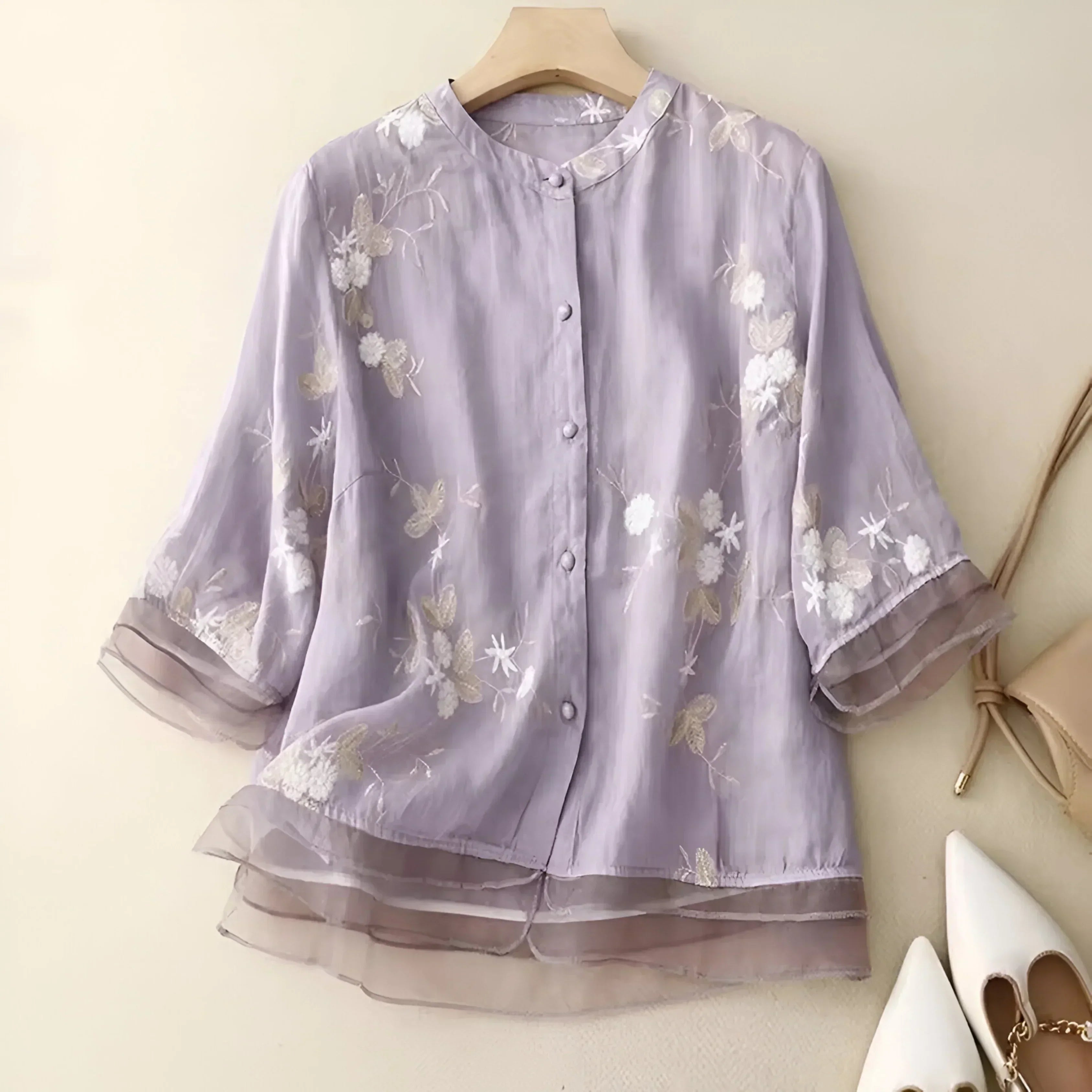 Women's Embroidered Blouse with Button-Down Design