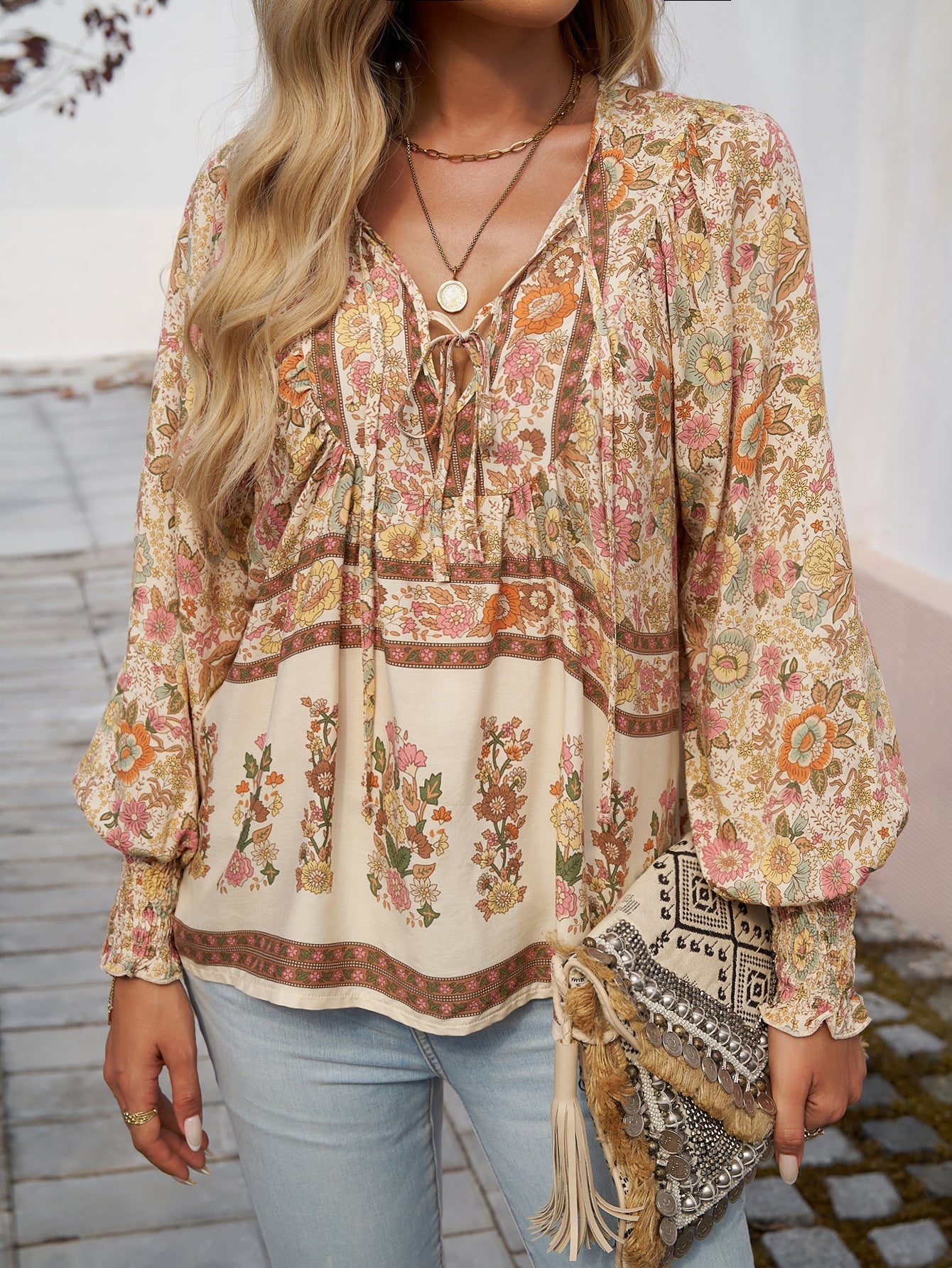 Women's Boho Floral Tunic Top with Long Sleeves and V-Neck Tie