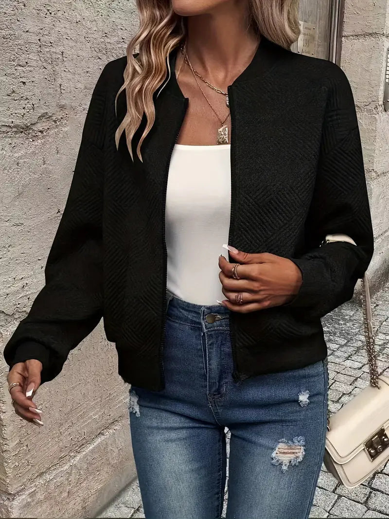 Women’s Zip-Up Textured Cardigan with Ribbed Hem and Long Sleeves