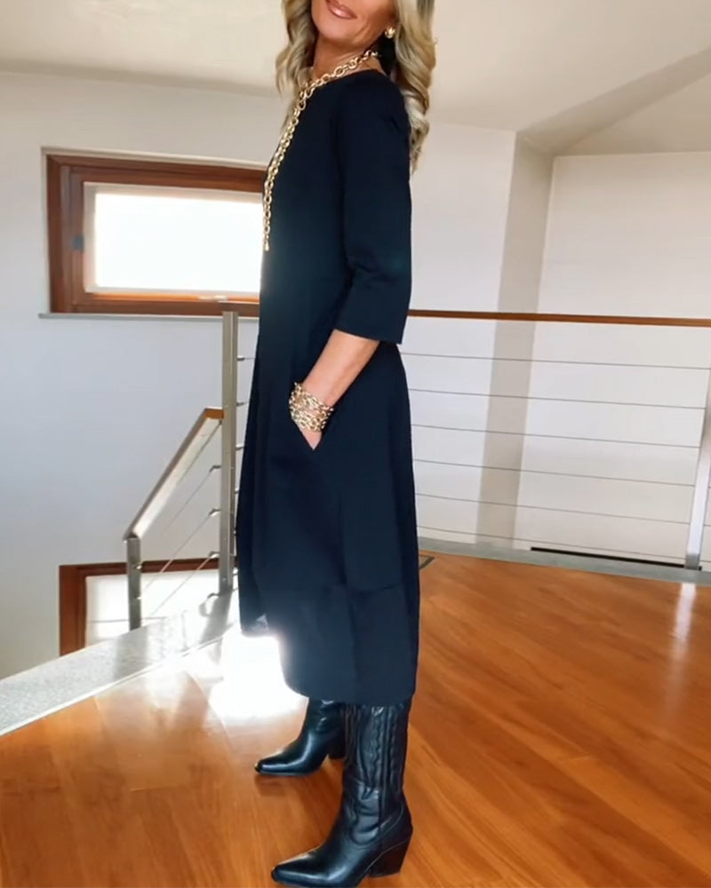 Women’s Elegant Midi Dress – 3/4 Sleeve Minimalist Workwear Style