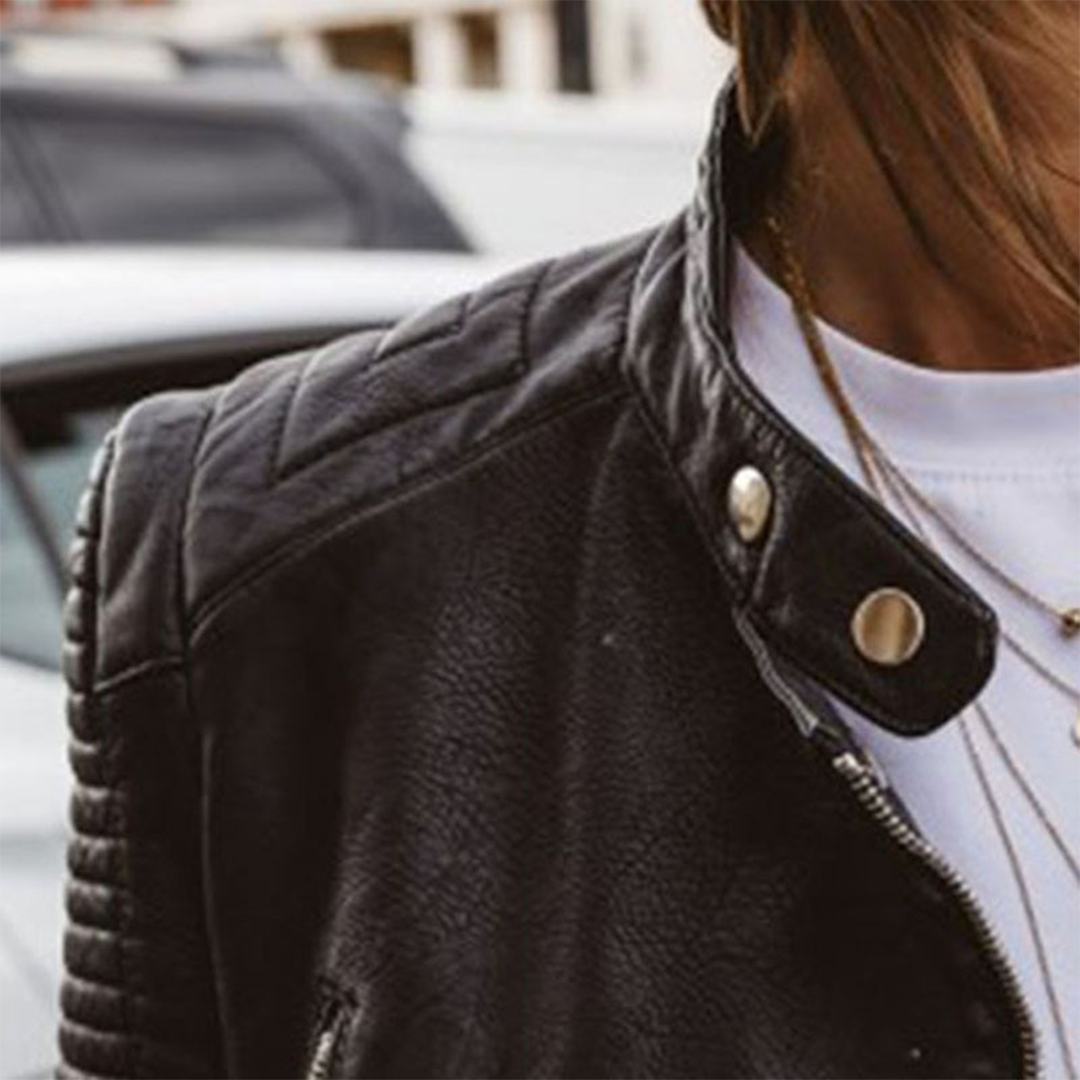 Women's Leather Biker Jacket with Zip Details and Ribbed Sleeves