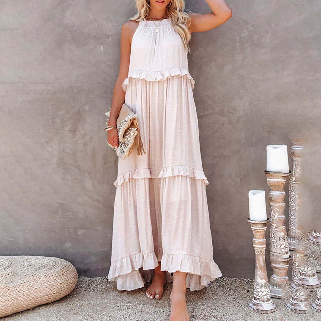 Women's Ruffled Halter Neck Maxi Dress with Layered Hemline