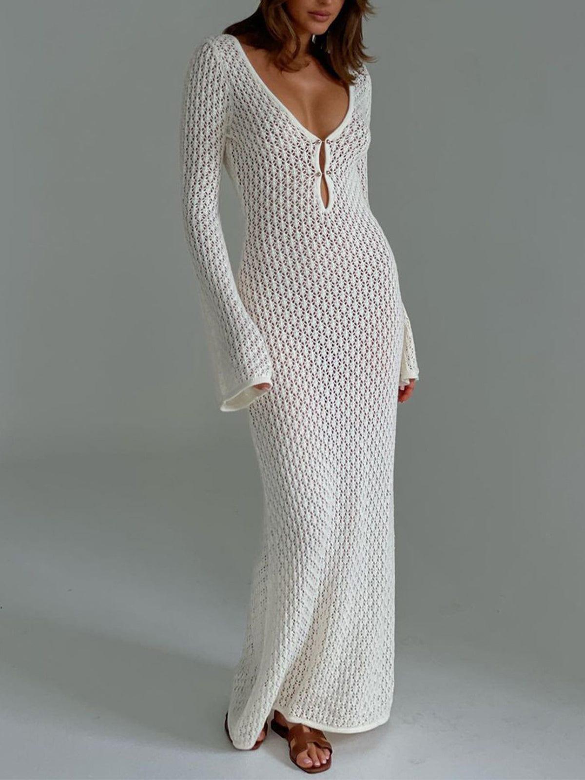 Women's Crochet Knit Maxi Dress with Bell Sleeves