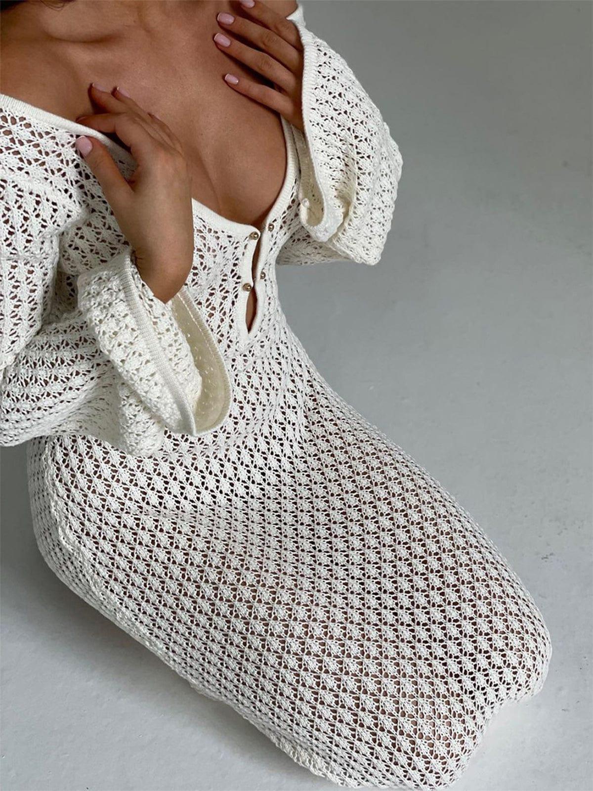 Women's Crochet Knit Maxi Dress with Bell Sleeves