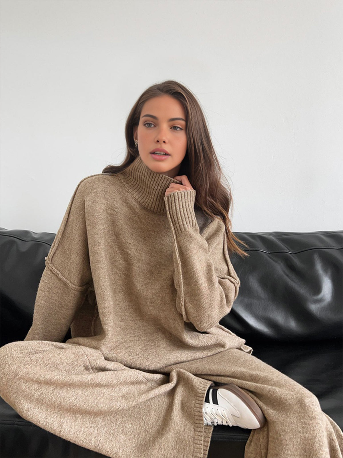 Women's Knit 2-Piece Loungewear Set with Turtleneck Pullover