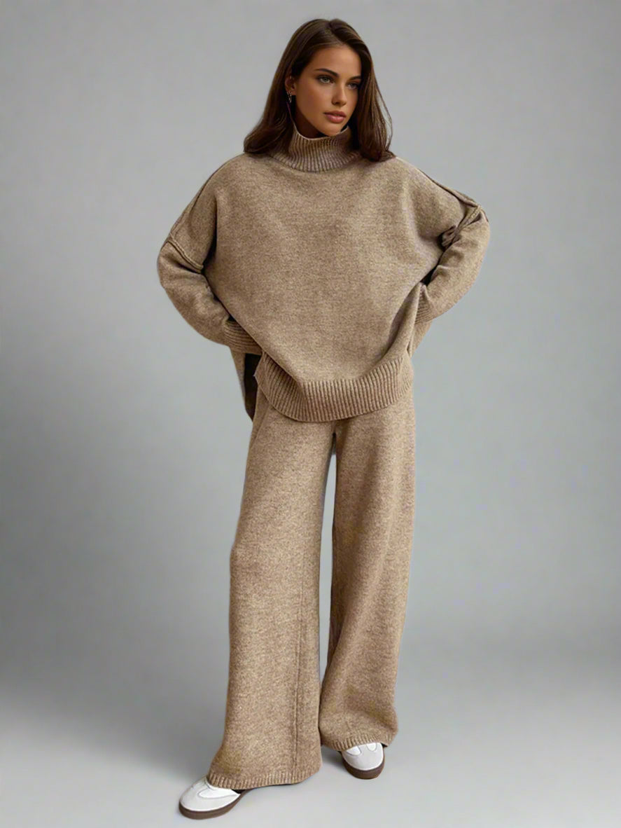 Women's Knit 2-Piece Loungewear Set with Turtleneck Pullover