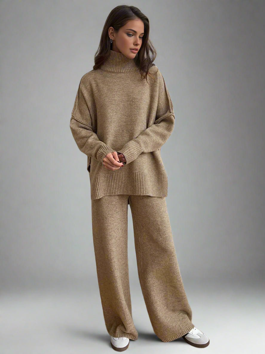 Women's Knit 2-Piece Loungewear Set with Turtleneck Pullover