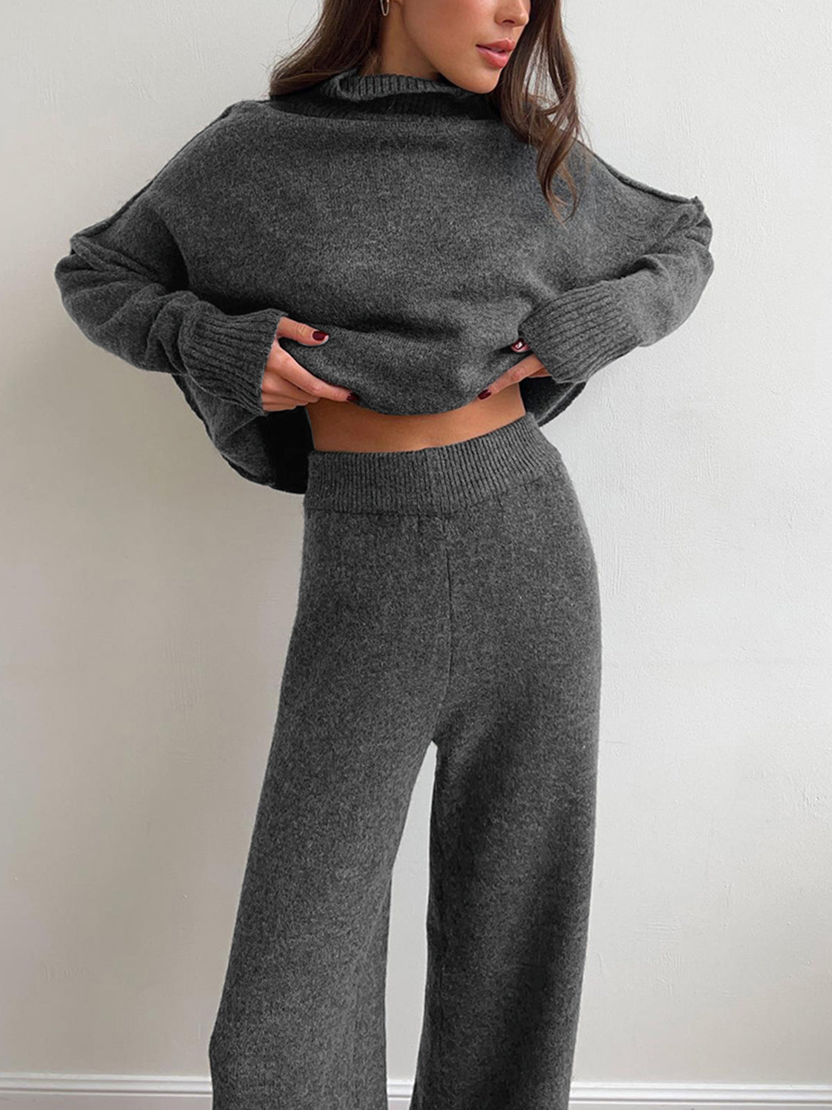 Women's Knit 2-Piece Loungewear Set with Turtleneck Pullover