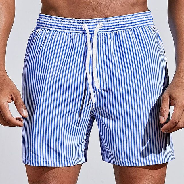Men's Striped Swim Shorts with Drawstring Waist and Quick-Dry Fit