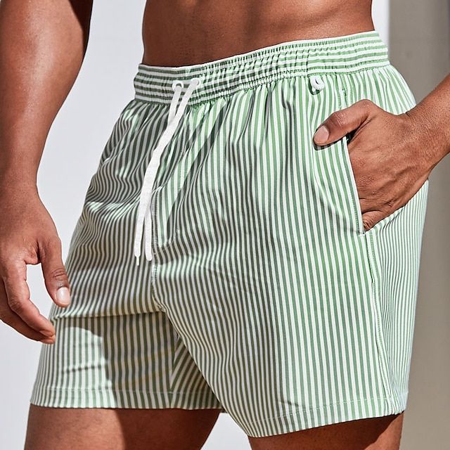 Men's Striped Swim Shorts with Drawstring Waist and Quick-Dry Fit