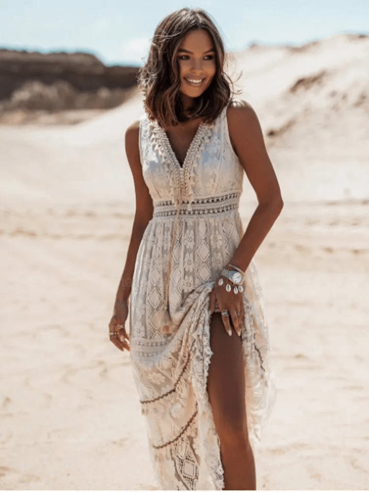 Women’s Boho Lace V-Neck Maxi Dress with Thigh-High Slit