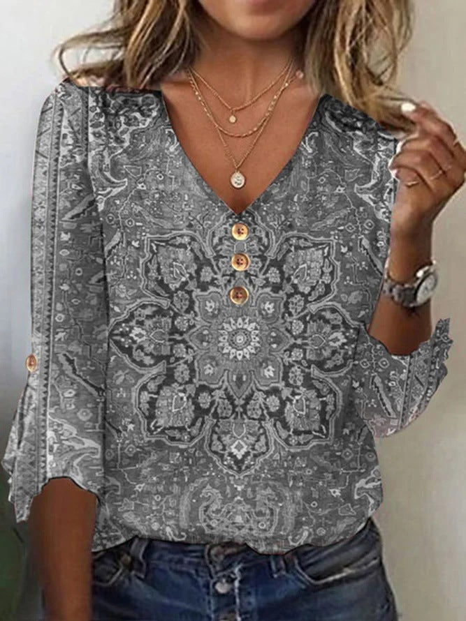 Women's Floral V-Neck Button-Down Blouse with Flowing Sleeves