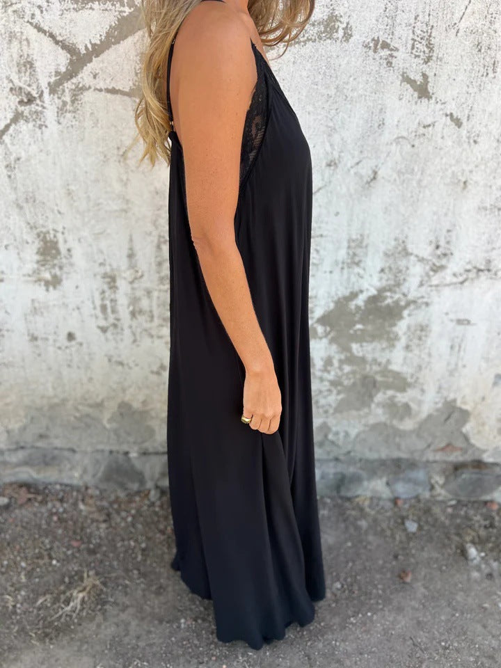 Lace Trim Slip Maxi Dress with Spaghetti Straps for Women
