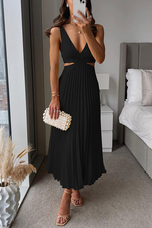 Elegant V-Neck Pleated Skirt Dress for Women