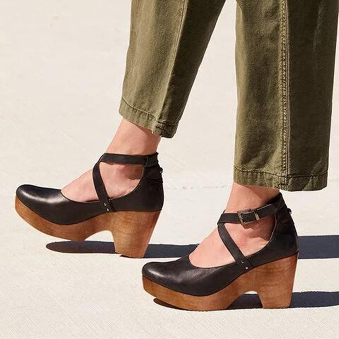 Women's Wedge Heel Shoes with Ankle Strap and Platform Sole