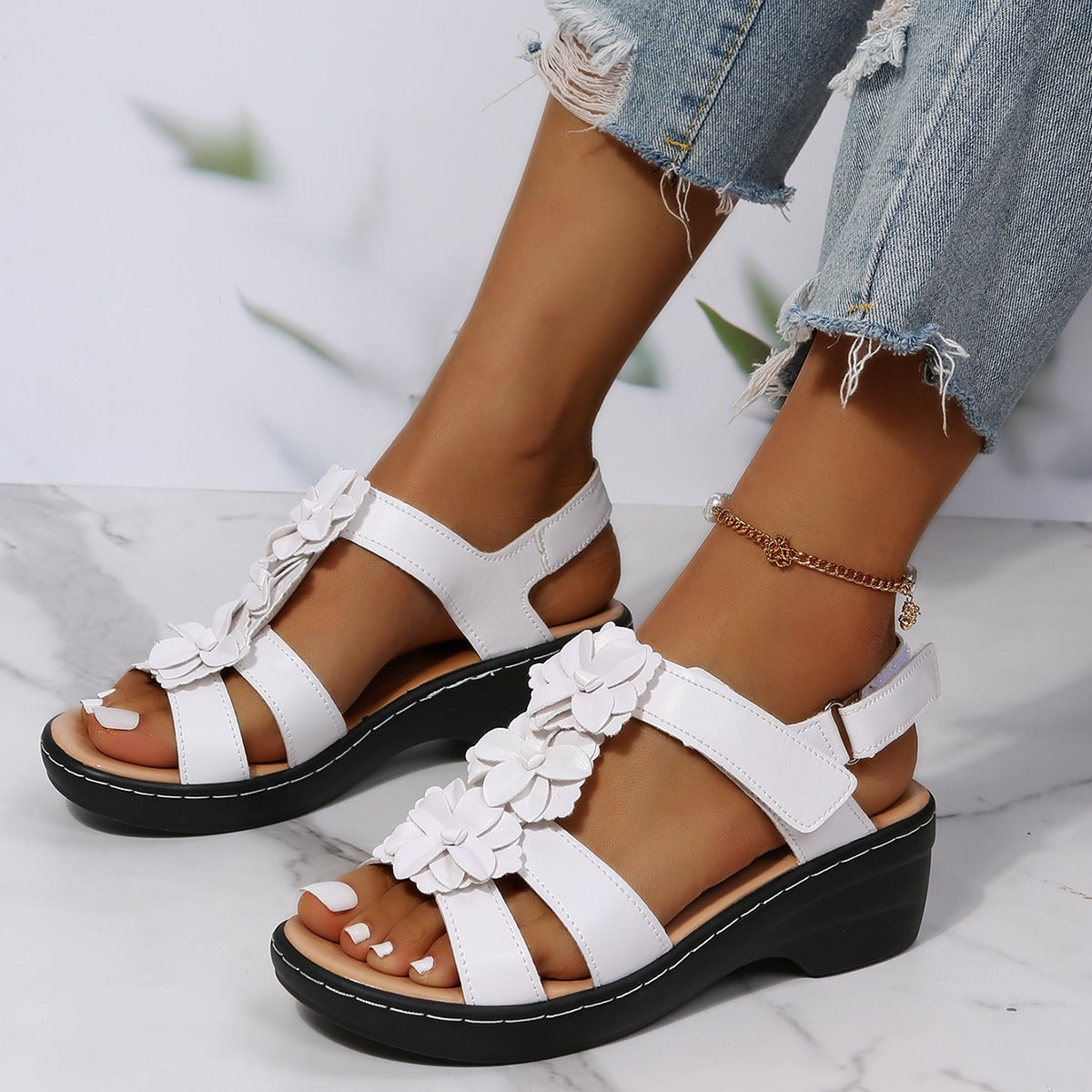 Women's Wedge Sandals with Floral Straps and Adjustable Back Closure