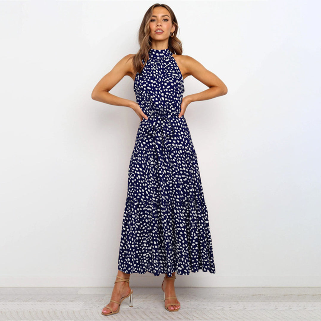 Women’s Polka Dot Halter Neck Maxi Dress with Tie Waist