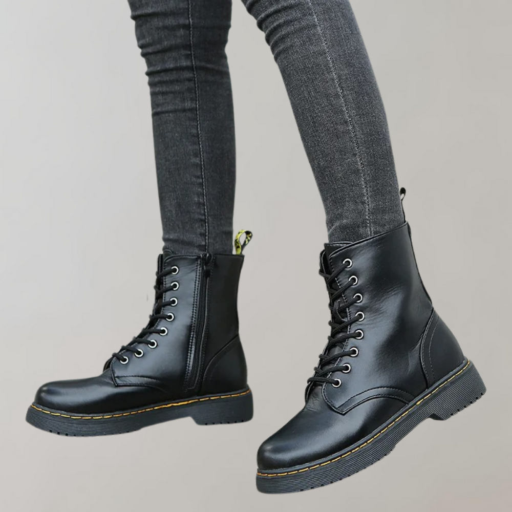 Women’s Lace-Up Combat Boots with Durable Sole and Side Zipper