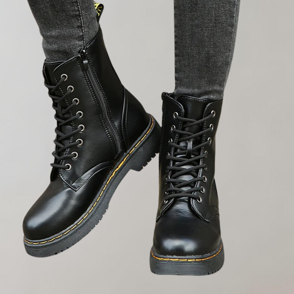 Women’s Lace-Up Combat Boots with Durable Sole and Side Zipper