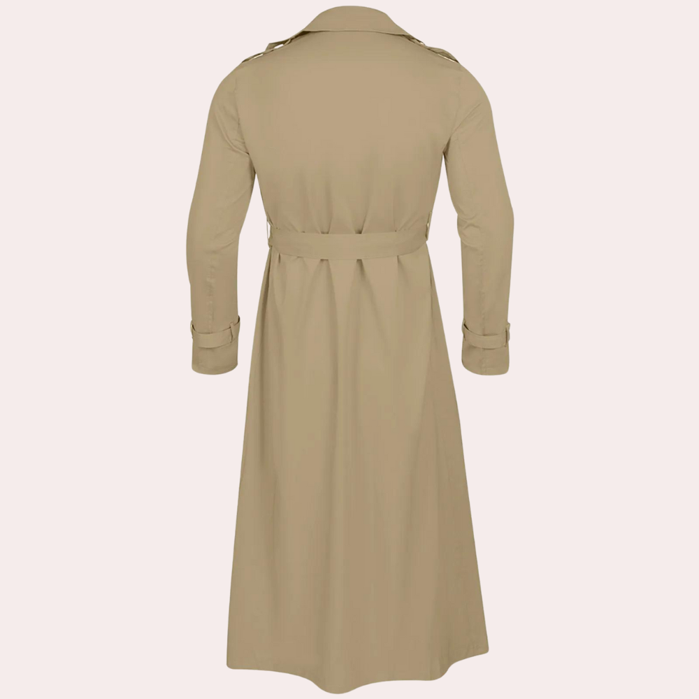 Men's Classic Long Trench Coat with Belt and Double-Breasted Closure