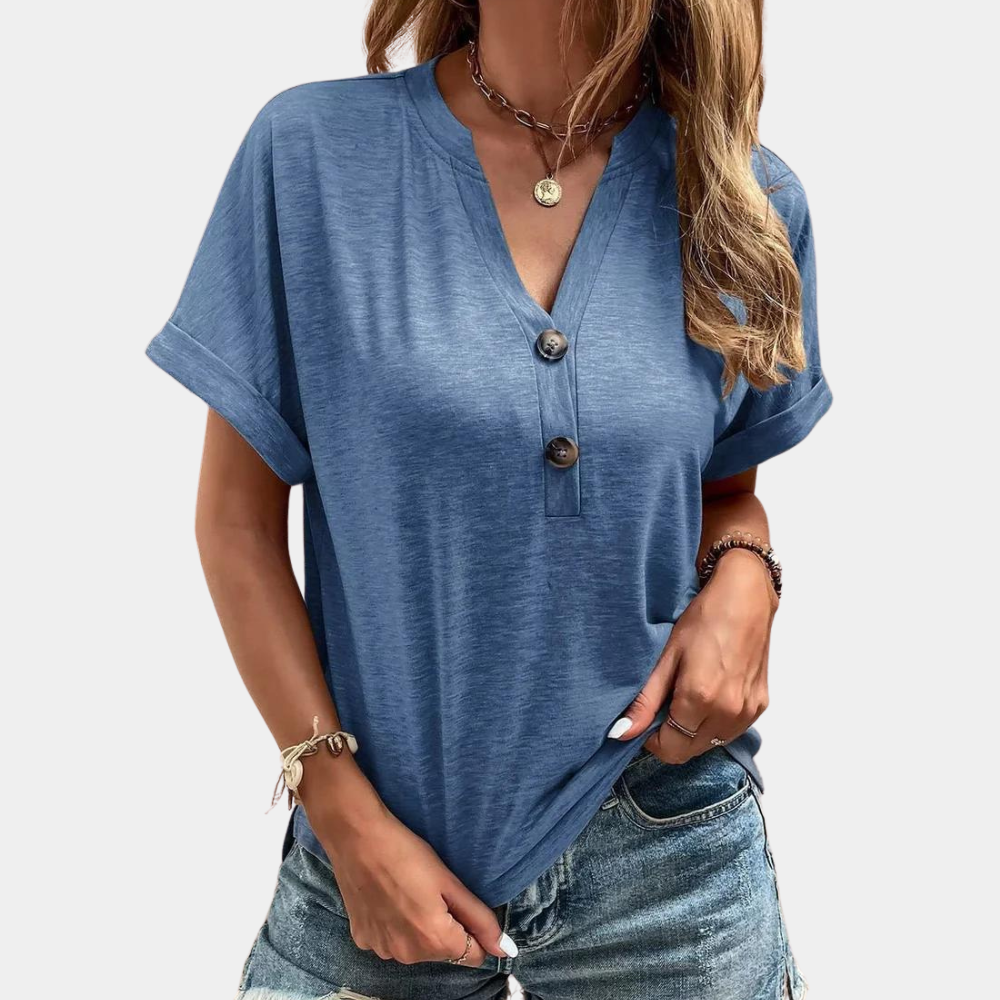 Women's Casual Short-Sleeve Blouse with V-Neck and Button Detail