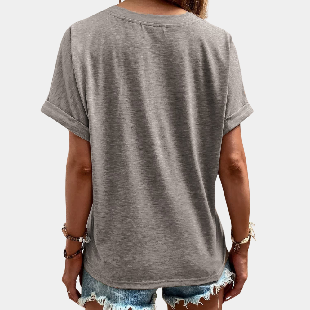Women's Casual Short-Sleeve Blouse with V-Neck and Button Detail