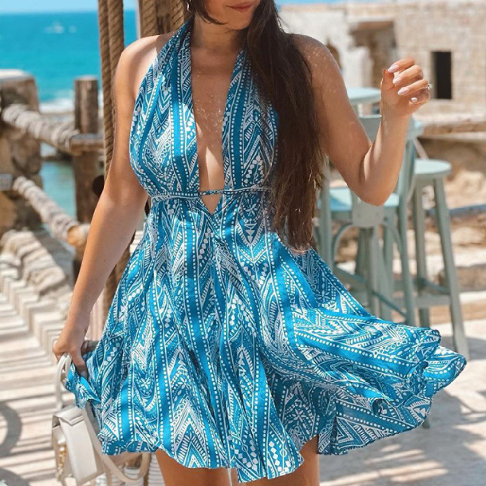 Women's Halter Mini Dress with Deep V-Neck and Open Back