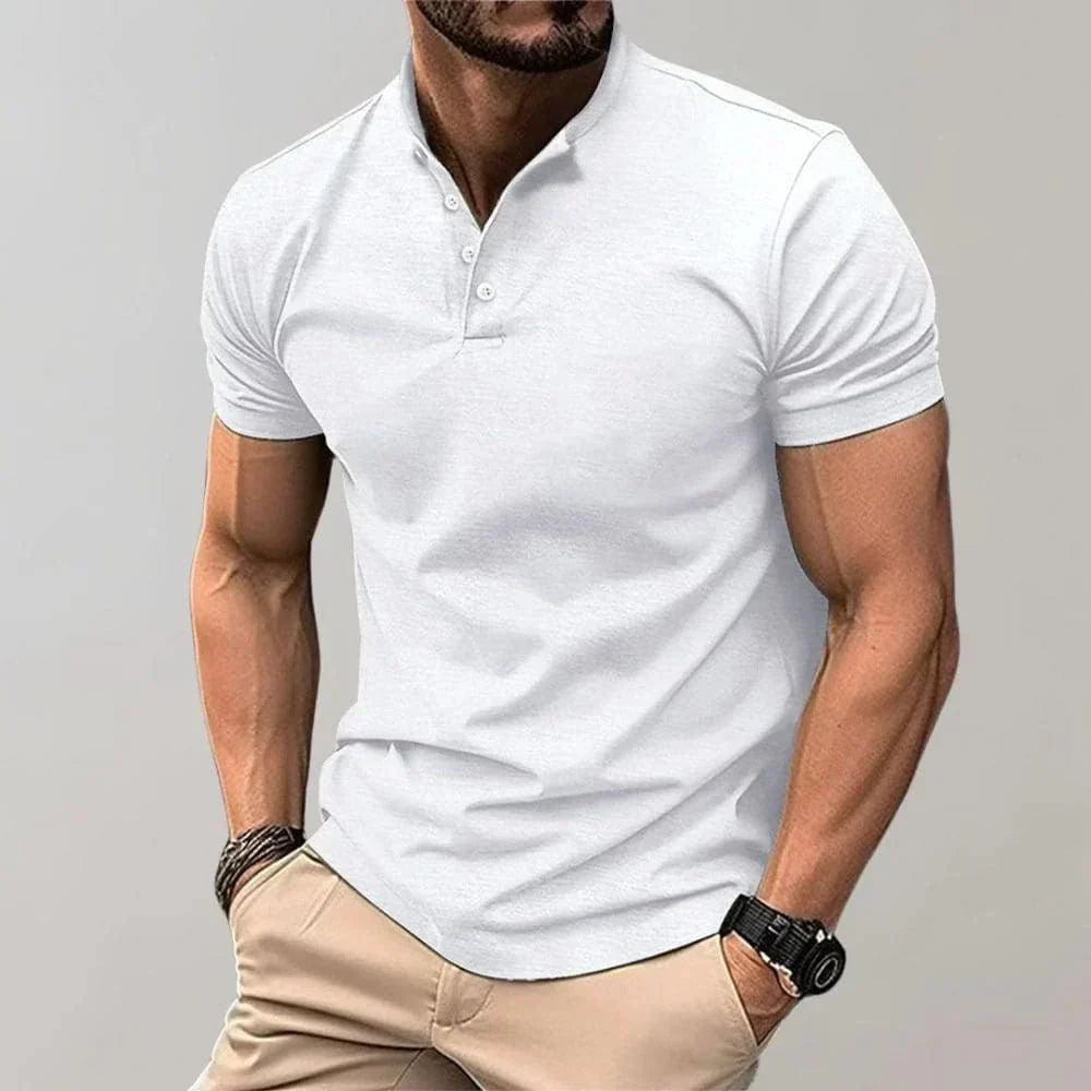 Men's Casual Short Sleeve Polo Shirt with Button Neck and Fitted Cut