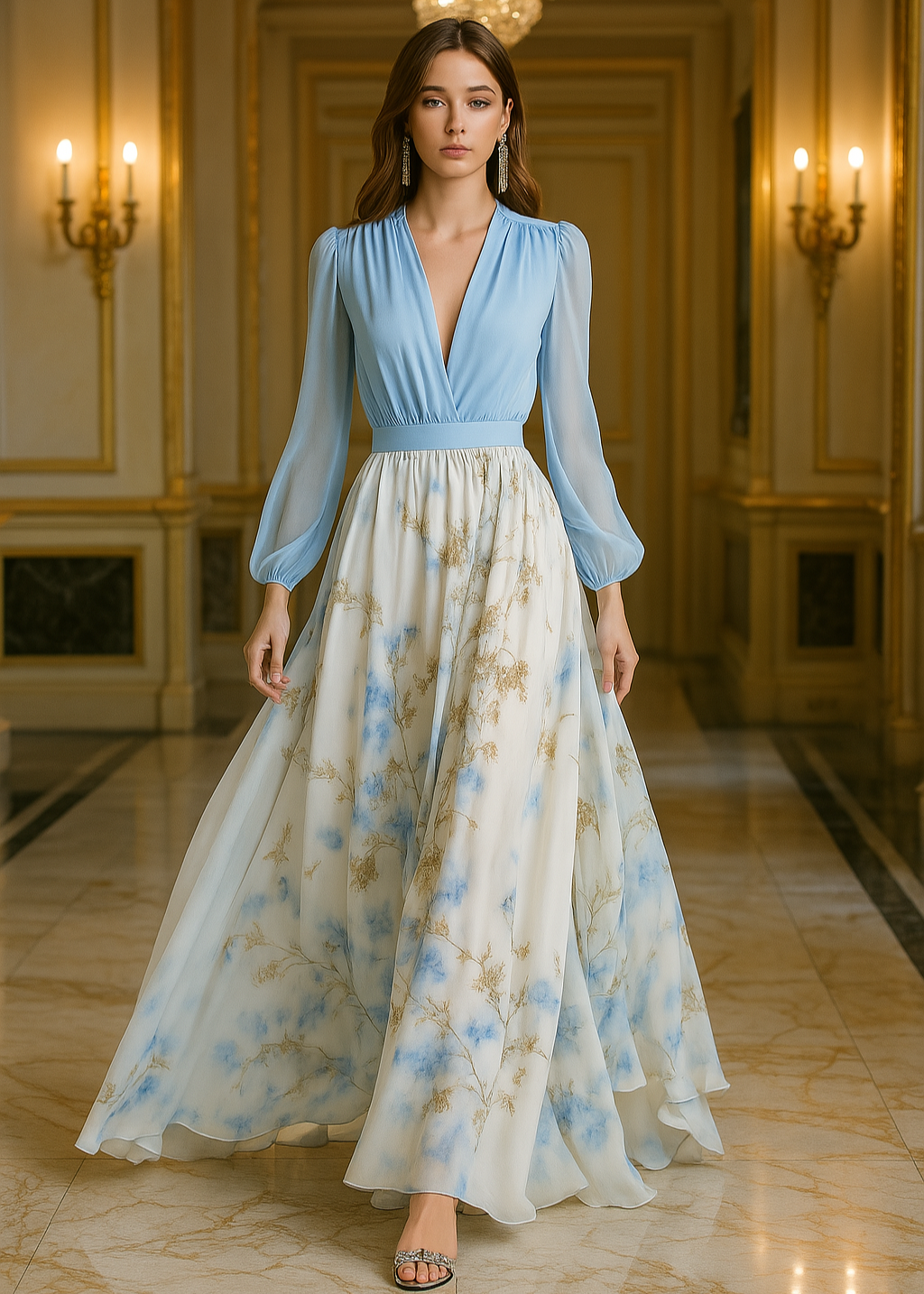 Women's Elegant V-Neck Maxi Dress with Long Sleeves and Floral Skirt