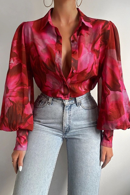 Women's Long Sleeve Leaf Print Blouse with Button Front and Cuffs