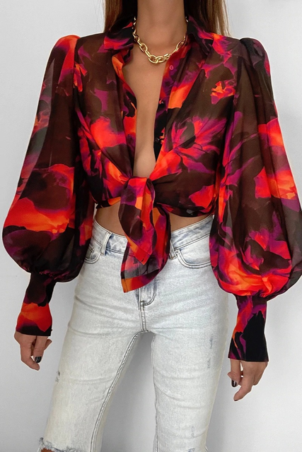 Women's Long Sleeve Leaf Print Blouse with Button Front and Cuffs