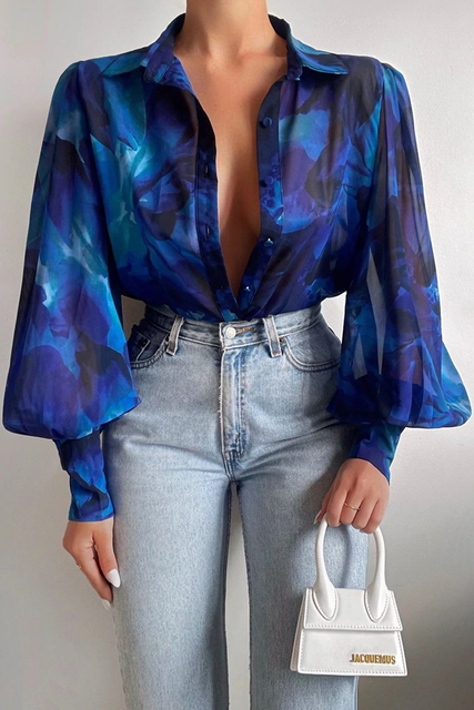 Women's Long Sleeve Leaf Print Blouse with Button Front and Cuffs