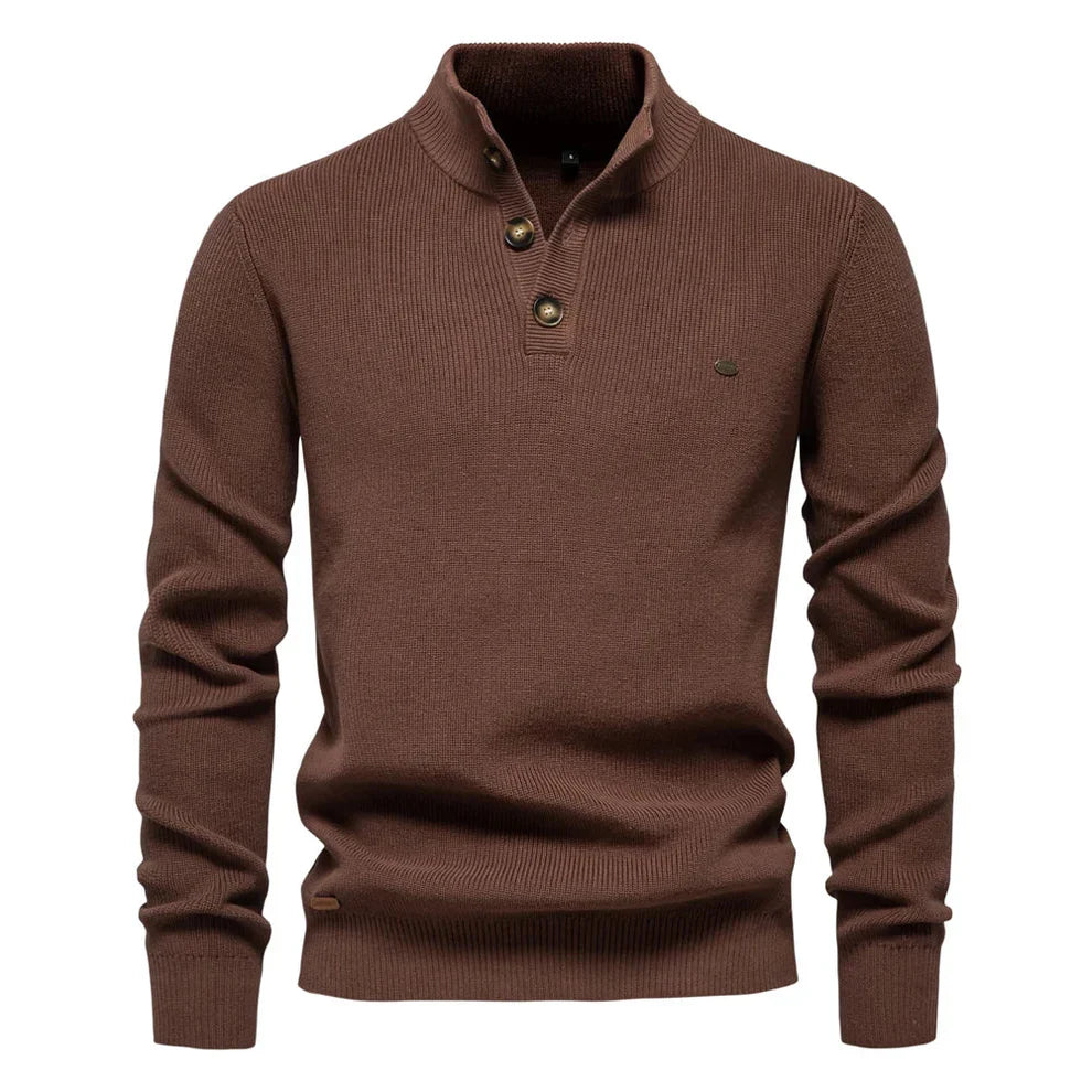 Men’s Button-Up Knitted Jumper with Stand Collar and Tailored Fit
