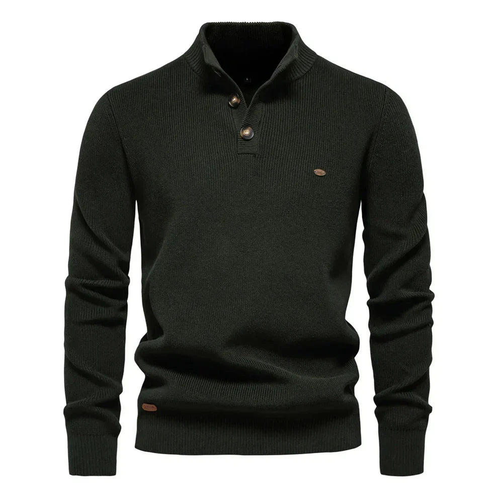 Men’s Button-Up Knitted Jumper with Stand Collar and Tailored Fit