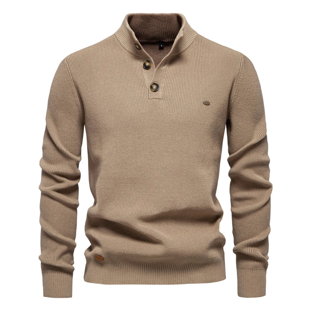 Men’s Button-Up Knitted Jumper with Stand Collar and Tailored Fit