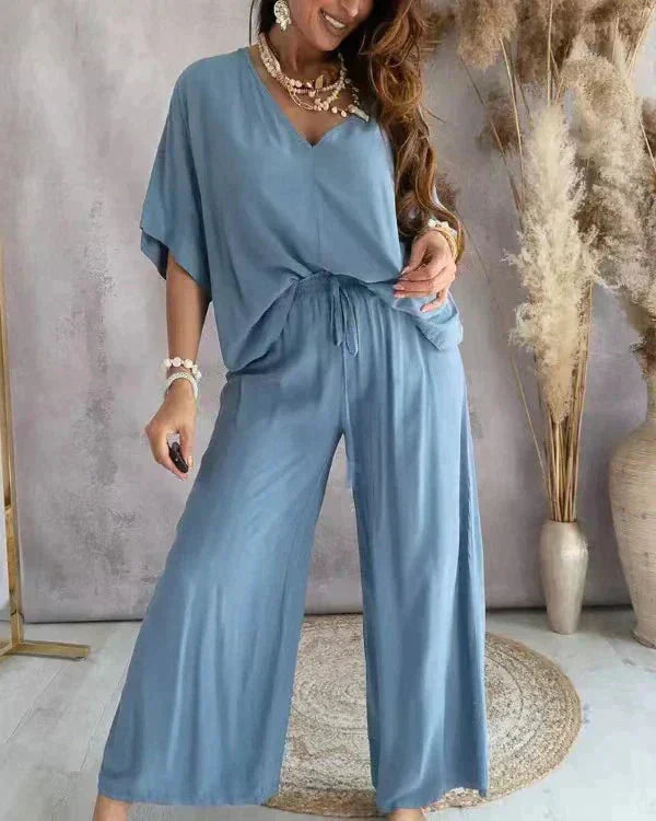 Women's Relaxed Two-Piece Set with V-Neck Top and Wide-Leg Pants