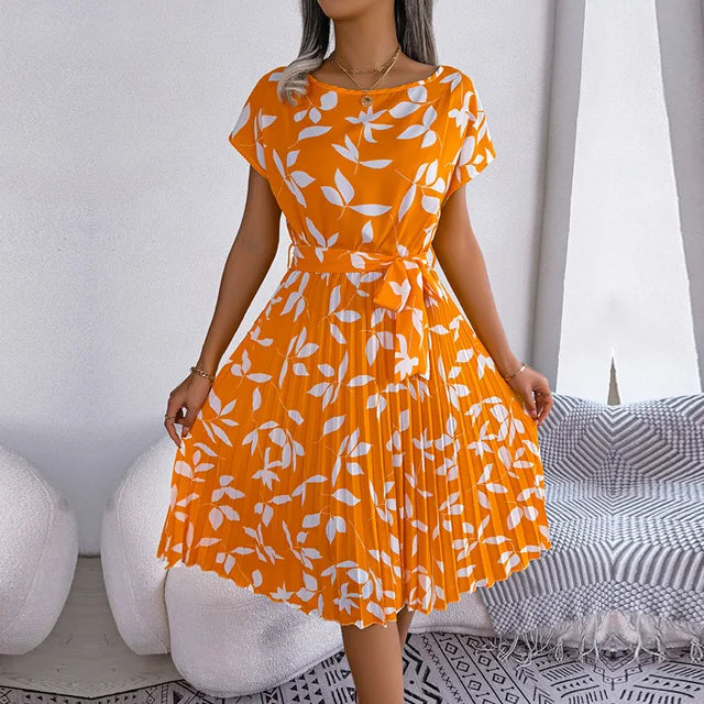 Women's Short-Sleeve Pleated Midi Dress with Waist Tie