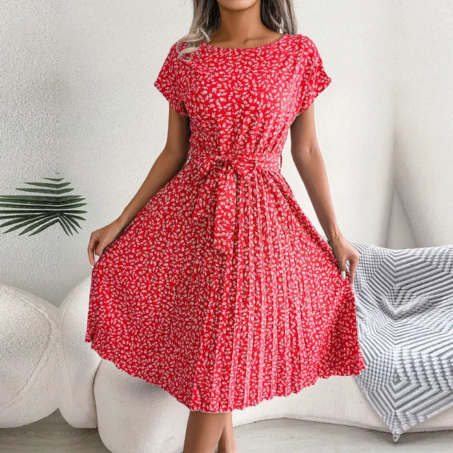 Women's Short-Sleeve Pleated Midi Dress with Waist Tie