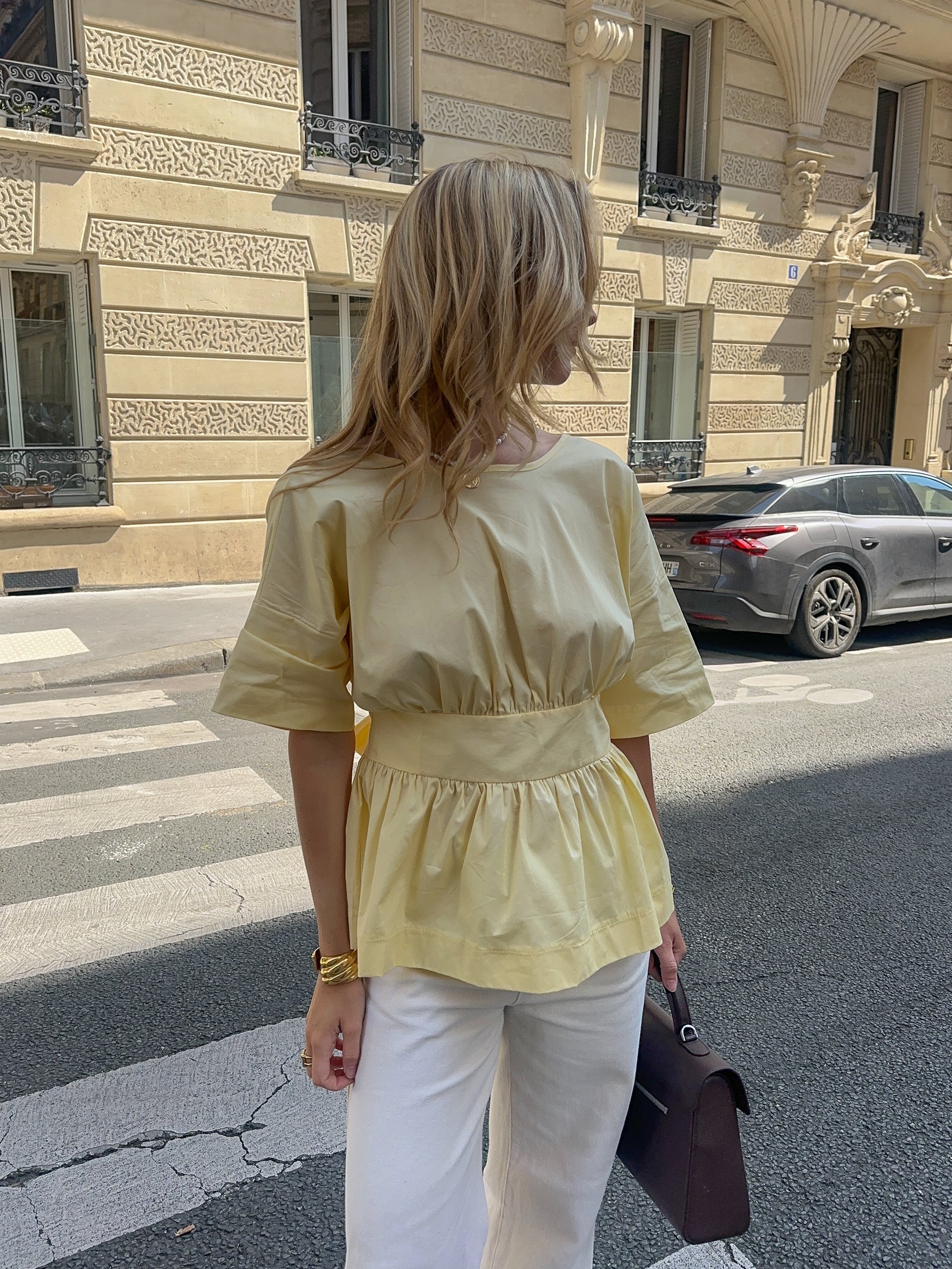 Women's Backless Tie-Waist Blouse with V-Cut and Elbow Sleeves
