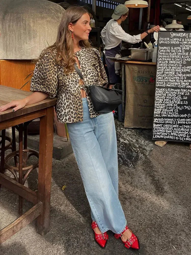 Women's Puff Sleeve Leopard Print Blouse